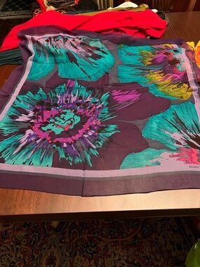 Ellen Tracy Purple, Teal & Coral Floral Silk Scarf